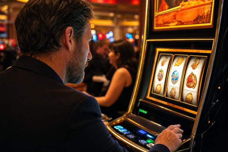 Nahaufnahme der Walzen eines Spielautomaten mit Frucht- und Glockensymbolen