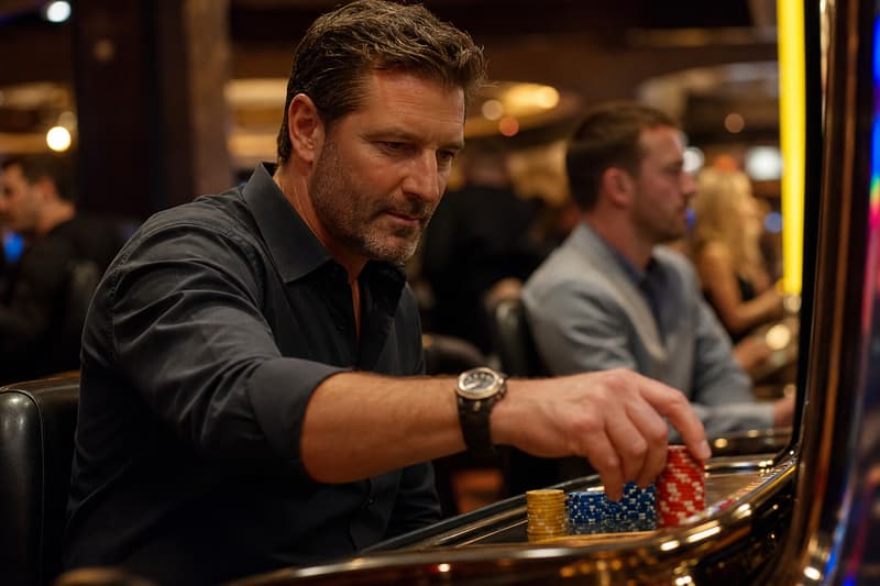 Hand am beleuchteten Start-Knopf eines Spielautomaten neben Casino-Chips