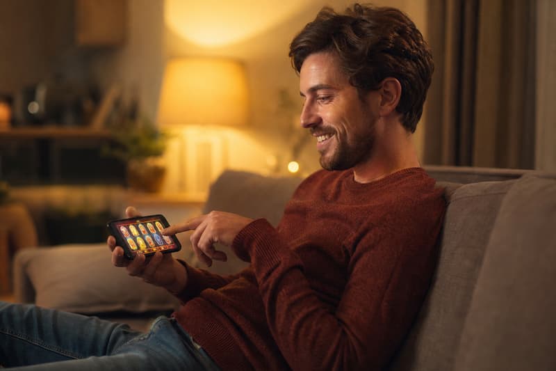 Smartphone mit einem bunten Slot-Spiel auf einem gemütlichen Tisch