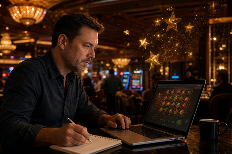 Redaktioneller Schreibtisch mit Bewertungsbogen, goldenen Sternen und Casino-Chips