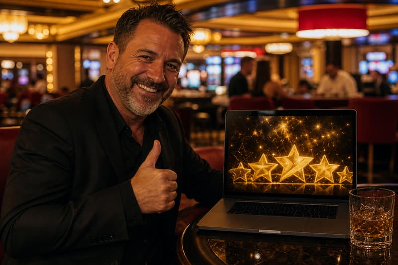 Fünf leuchtende goldene Sterne über einem Casino-Tisch mit Chips