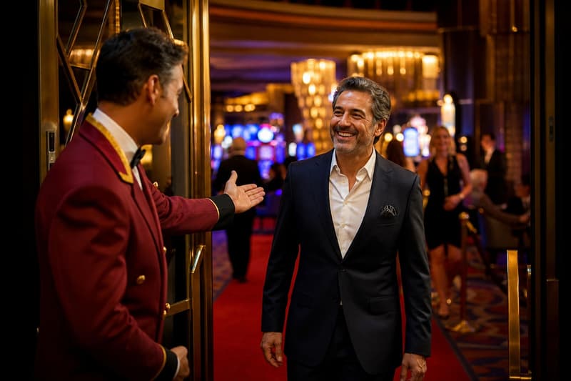 Prunkvoller Casino-Eingang mit rotem Teppich und warmem Goldlicht