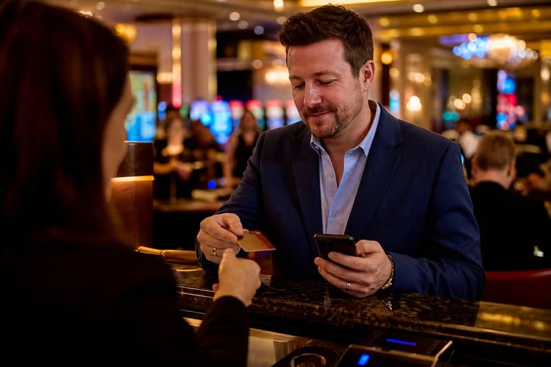 Zahlungsmittel auf grünem Casino-Filz: Karten, Smartphone, Münzen und Chips
