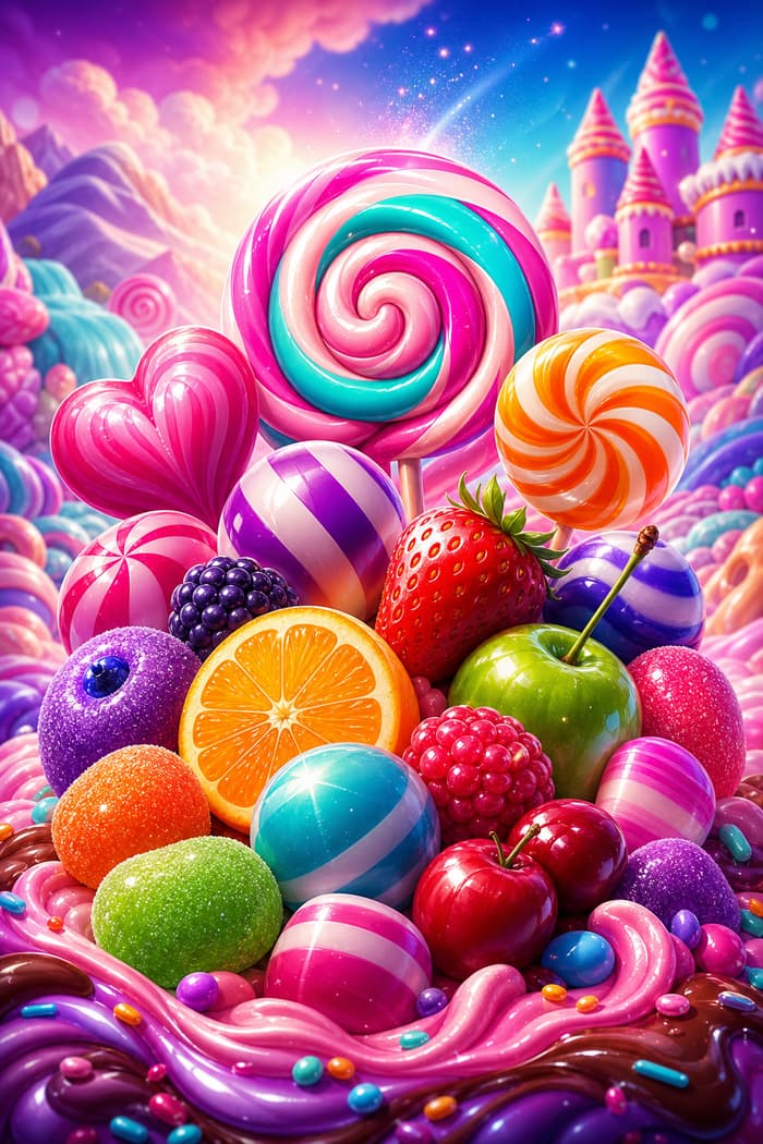 Illustriertes Cover-Motiv mit Süßigkeiten zum Slot Sweet Bonanza